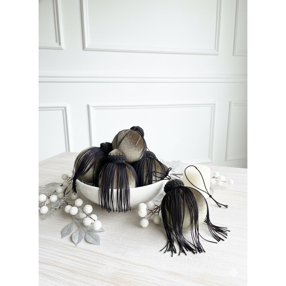 Handmade Green Velvet Christmas Ornaments, Black Fringe, Set of 6, Moody Decor